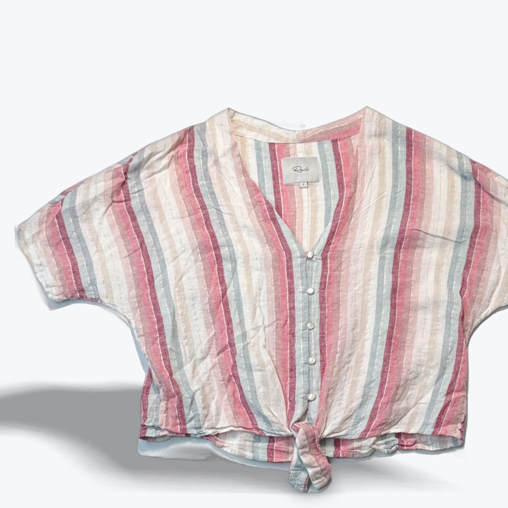 Rails Cropped Blouse Thea Tie Front Tropic Stripe Linen Blend Metallic Small